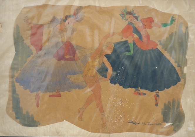 Two works comprising: 20th century School, pastel on paper, Study of a seated nude woman and a pencil and watercolour, Study of three dancing women, indistinctly signed and dated June 1938, largest 38 x 55cm, unframed. C